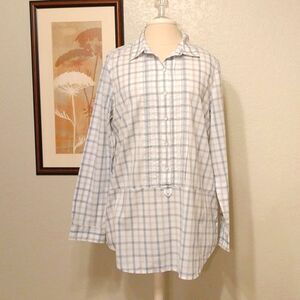 J. Jill Size M Gray Blue White Plaid Button Down Tunic Blouse